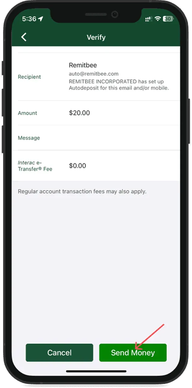 TD Bank eTransfer confirmation screen