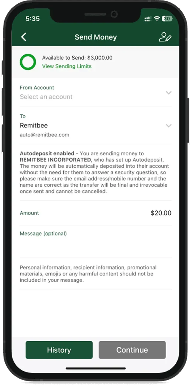 TD Bank eTransfer screen